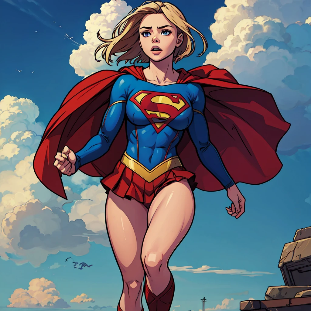 1girl, flying, chloe moretz, supergirl, cloudy sky, muscular female, large breasts, taut clothes, solo,, realistic, (photorealistic:1.1), <lora:thick lineart v1:0.66>, (lineart:0.8)