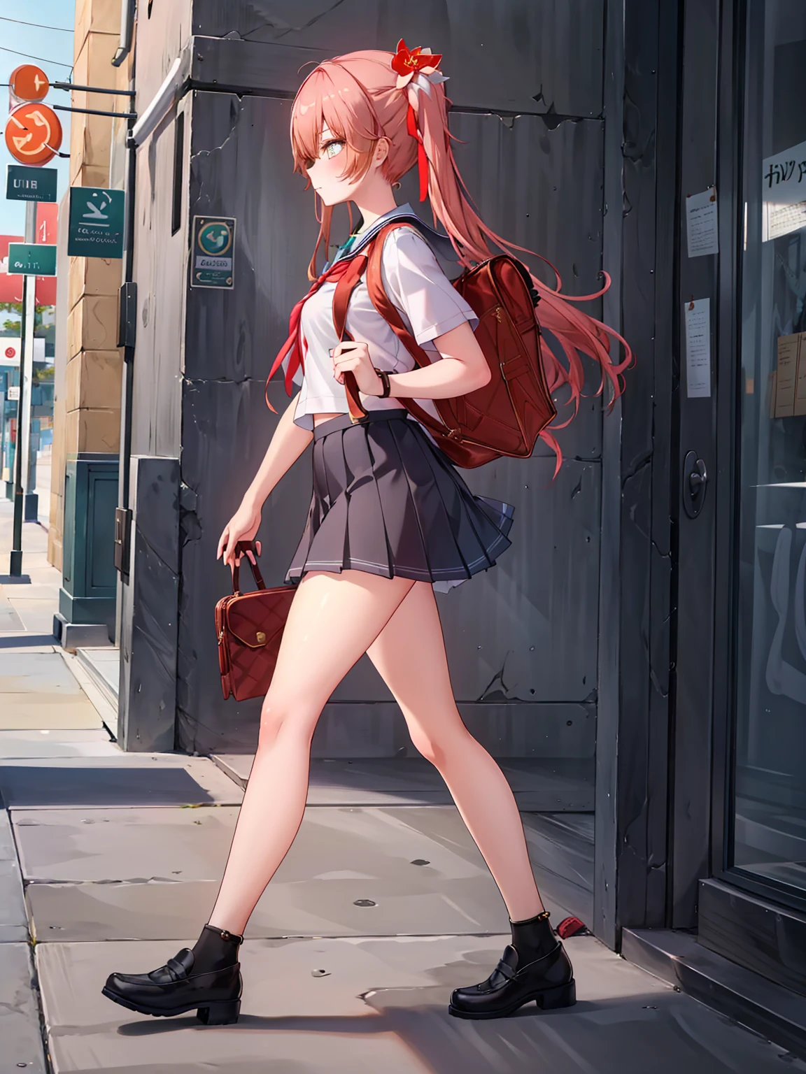 ((masterpiece,best quality)), highres, 1girl, guinaifen, school uniform, bare legs, school bag, walking, street, neon lights,