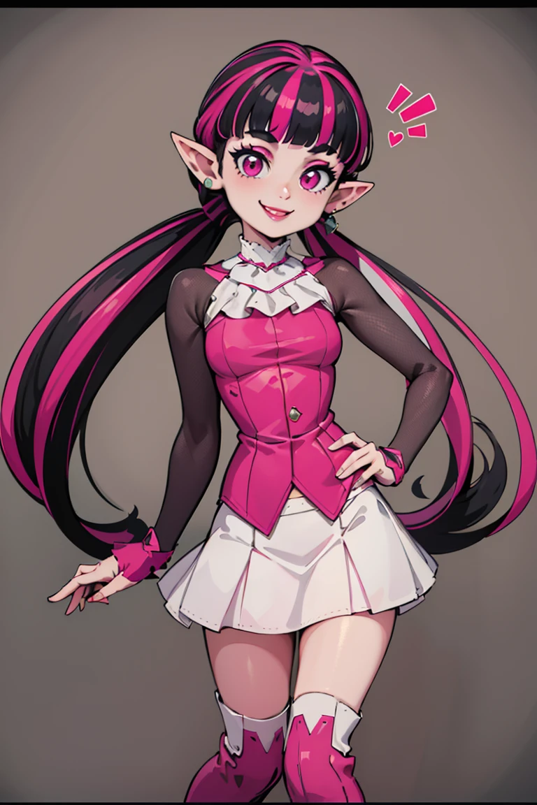 ((masterpiece,best quality)), absurdres,
<lora:Draculaura_Anime:0.8>, Draculaura_MH, black hair, pink hair, multicolored hair, pointy ears,
white skirt, pink knee boots, smiling, contrapposto
cinematic composition