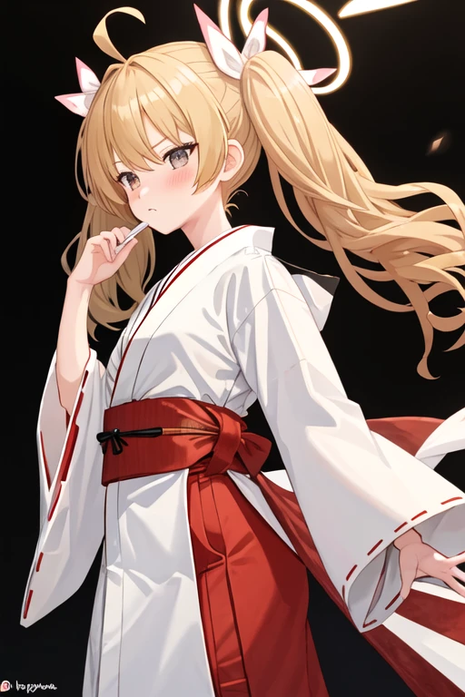 best quality, masterpiece, highres, solo, {white kimono:1.35}, {red hakama:1.35}, {wide sleeves:1.20}, {yoshimi_bluearchive:1.15}, blonde_hair, twintails, hair_ribbon, ribbon, blush, ahoge, bangs, halo, brown_eyes, long_hair, white_ribbon, hair_between_eyes, upper_body