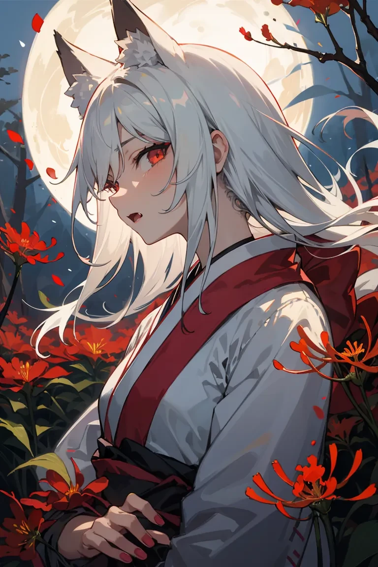 best quality, outdoors, forest, Ground strewn with many red petals, red spider lily, 1 full moon painted in detail, (light particles:0.7), faint light, BREAK solo, 1 girl sitting, , mesugaki, perfect anatomy, profile, looking at viewer, silver hair, fox girl, multiple tails, highly detailed eyes, (Calm expression:1.2), (drooping eyes:1.2), ringed eyes, half-closed red eyes, red eyeshadow, open mouth, fang, red and white kimono, looking down, (long hair over one eye:0.7), small breasts, red nails, girl on top, upper body, close-up mouth,
