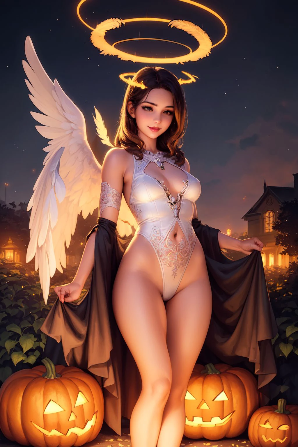 (realistic:1.3), intricate details, wide shot, (1girl, angel girl, angel wings, feathered wings, feathers, halo:1.1), looking away, seductive smile, floating, garden, palace, horror \(theme\), halloween, pumpkin, skull, spider web, bat, glitter particles