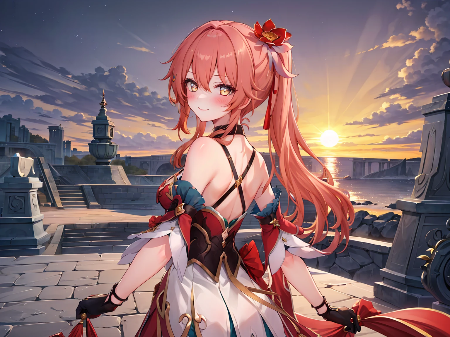 ((masterpiece,best quality)), highres, 1girl, guinaifen, bare shoulders, black gloves, looking back, sun set, smile, blush