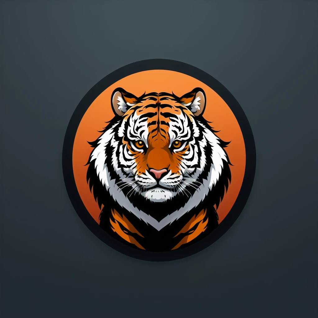 (masterpiece, best quality:1.1), (round logo:1.05), no humans, a tiger with distinctive stripes, sharp teeth, stealth, orange with black stripes, jungle, gradient background, simple background