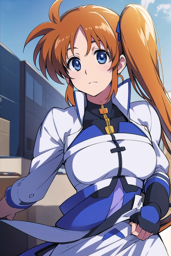 TenjouinAsukaDef,long hair,前hair,hair between eyes,brown eyes, long hair, skirt, shirt, bare shoulders, school uniform, white shirt, No sleeve, shiny, belt, miniskirt, blue skirt, No sleeve shirt, turtleneck, Duel Academy uniform (Yu-Gi-Oh! GX), tenjouin asuka,indoor hall,(big breasts:1.5),shiny,hair,((alone)),((masterpiece)),((highest quality)),perfect anatomy,slim waist,perfect image,8k UHD,(detailed and beautiful eyes:1.3),highly detailed face,Are standing,(Upper body:1.1),(look ahead:1.1),back arm,super detailed,disorganized,High resolution,