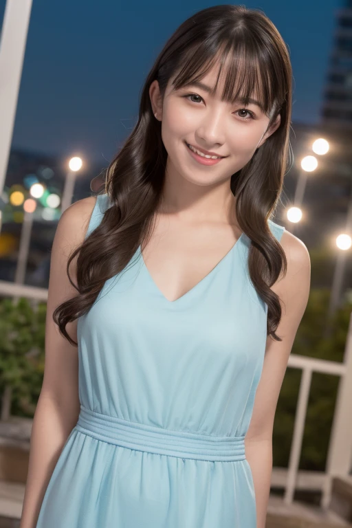 1girl, (wearing a sleeveless dress:1.4),(RAW photo, best quality), (realistic, photo-realistic:1.4), masterpiece, an extremely delicate and beautiful, extremely detailed, 2k wallpaper, Amazing, finely detail, extremely detailed CG unity 8k wallpaper, ultra-detailed, highres, soft light, beautiful detailed girl, extremely detailed eyes and face, beautiful detailed nose, beautiful detailed eyes,cinematic lighting,(in the city at night:1.8),perfect anatomy,slender body,smiling,(close up:1.6),(look at viewer),(front view:2.0),cinematic angle,(cleavage:0.8),(wavy hair), <lora:mikawaharuna_lora-02:0.8>