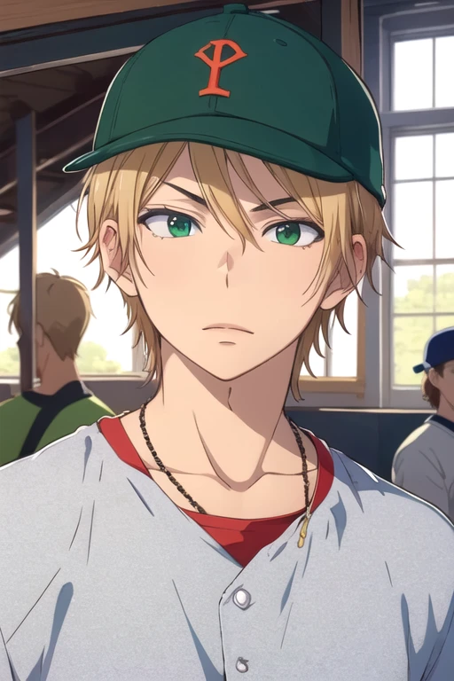 masterpiece, best quality, illustration, 1boy, solo, male focus, looking at viewer, , depth of field, ligne claire, realistic, <lora:nozomu_nanashima:0.74>, nozomu_nanashima, blonde hair, green eyes, , baseball cap, castle, HD