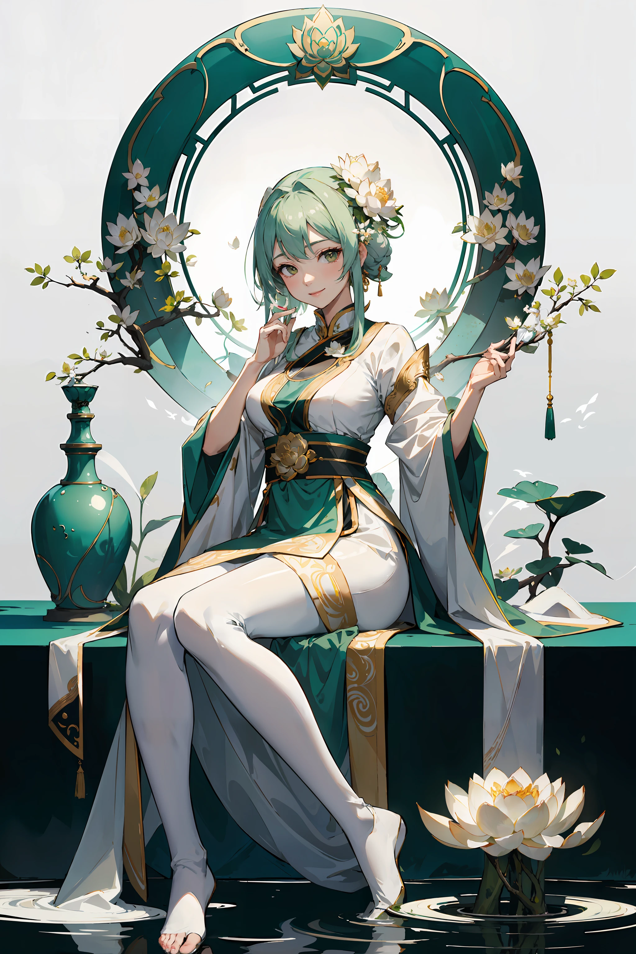 dreamy, serene, white and green:1.2),
(full body, sitting, Guanyin with jade bottle:1.1),(praying hands),(blessing),(smiling),(compassionate),
(lotus throne, floating, below Guanyin:1.2),
(lotus flowers, branches),
(dry ice, fog, below:1.1),
(from front),(medium shot),
As she sits on a floating lotus throne, Guanyin holds a jade bottle and makes a praying gesture. She smiles and blesses the world with her compassion. Behind her, lotus flowers and branches surround her, creating a natural and peaceful backdrop. Below her, dry ice forms a fog that adds to the dreamy atmosphere. The main colors are white and green, creating a pure and harmonious mood.
(magazine:1.3), (cover-style:1.3), fashionable, woman, vibrant, outfit, posing, front, colorful, dynamic, background, elements, confident, expression, holding, statement, accessory, majestic, coiled, around, touch, scene, text, cover, bold, baisixuegao,white pantyhose,, masterpiece, best quality, lens flare, depth of field, motion blur, (backlighting, Backlight:1.1), grating,raster,(Light through hair:1.2),from side,