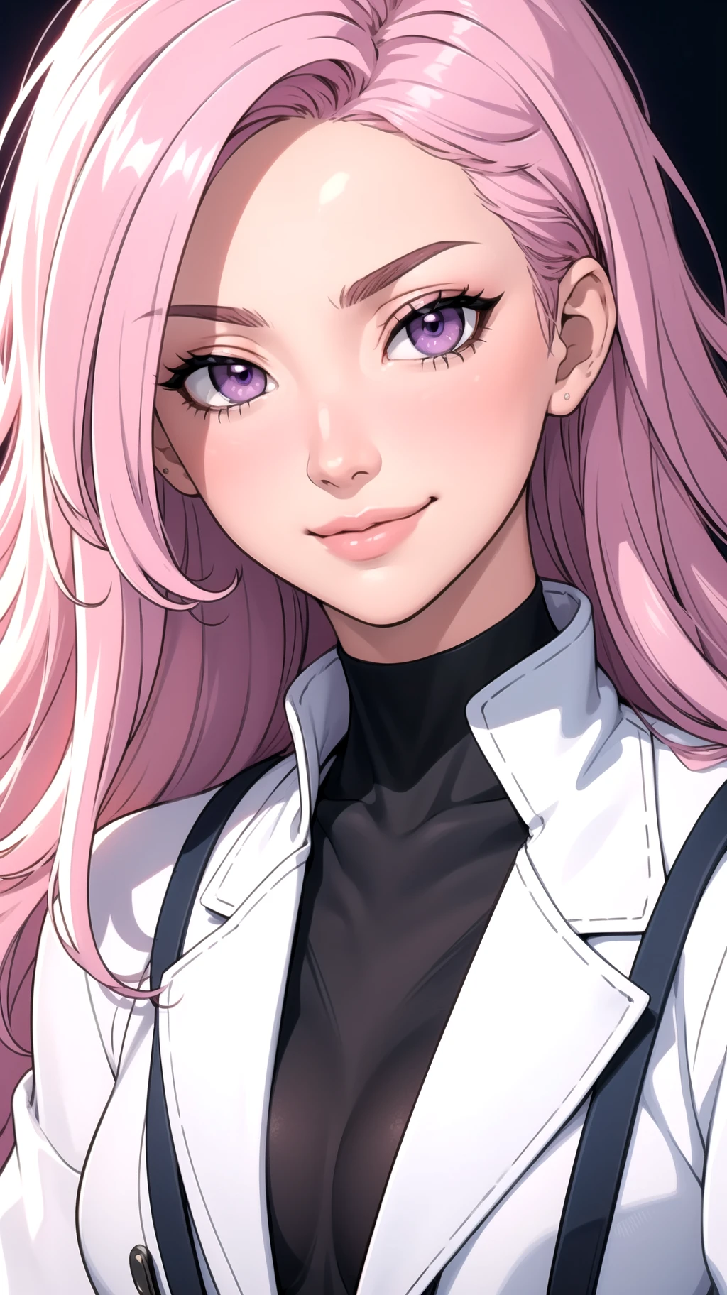 (masterpiece, best quality), beautiful girl, Light pink hair, white skin, light purple eyes, cropped jacket, messy hair, upper body, close up, smirk