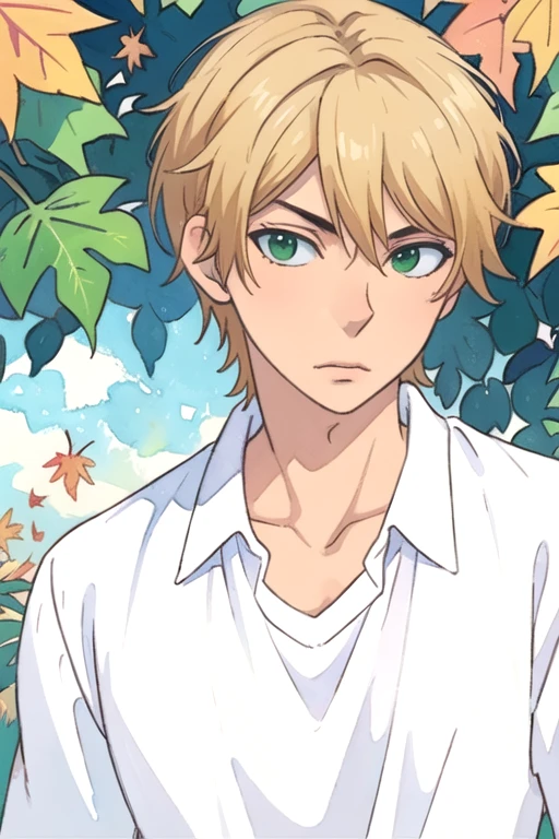 masterpiece, best quality, high quality, 1boy, solo, male focus, looking at viewer, upper body, <lora:takahiro_mizusawa:0.60>, takahiro_mizusawa, green eyes, blonde hair, jewelry, hair between eyes, realistic, jacket