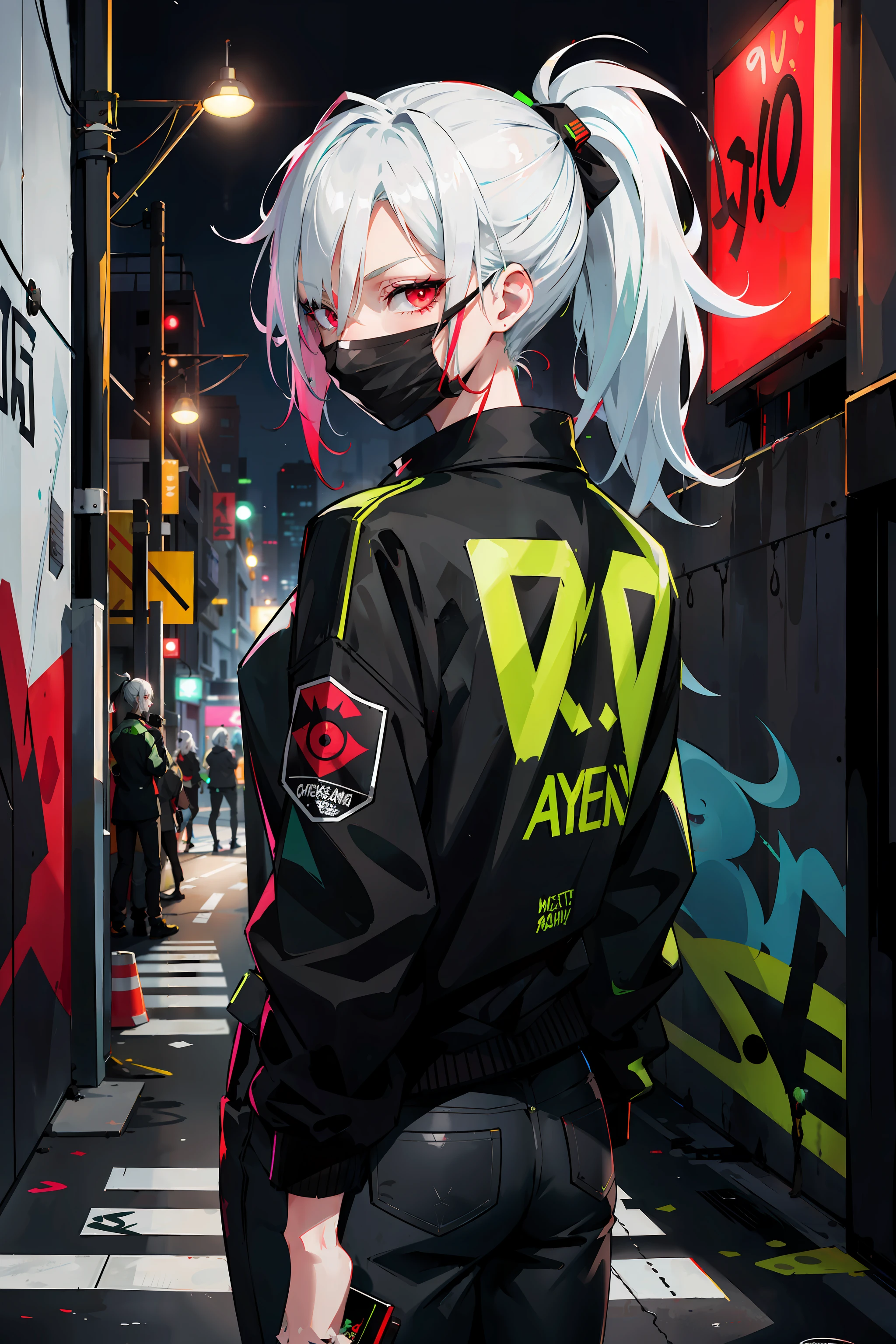 dim lighting, (neon green graffiti:1.2), alleyway, graffiti on wall, city, looking at viewer,
1girl, mature female, (white hair), high ponytail, standing, from behind, holding, holding spraycans, surgical mask, pale skin, (red eyes:1.3), looking at viewer, (winking:1.2),
black jacket, black shirt, black pants,