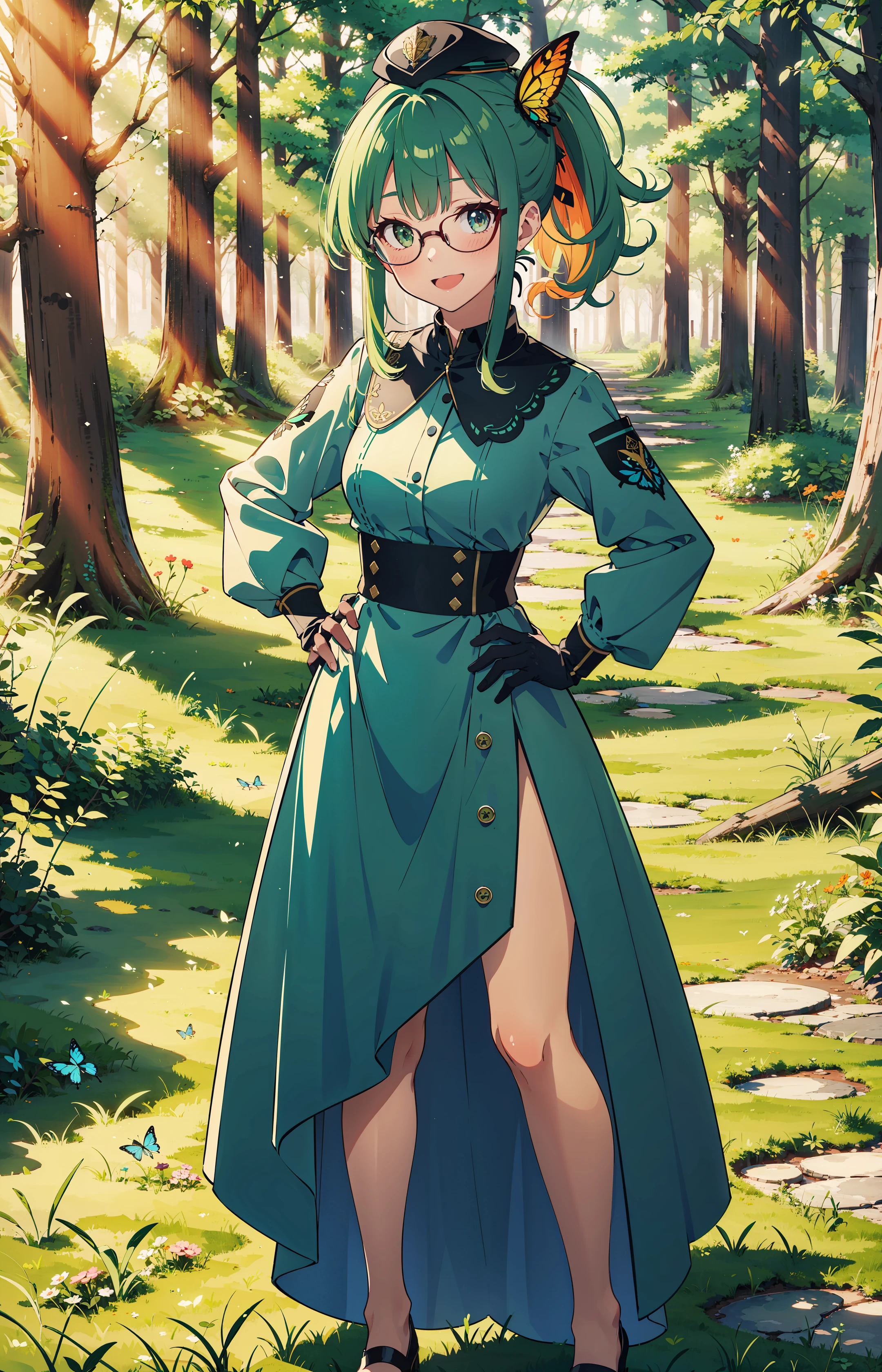 masterpiece, best quality, smile, full body, hands on hips, (forest:1.5), grass, dark studio,
1girl, blue butterfly, orange dress, blush, breasts, bug, butterfly, dress, glasses, gloves, green hair, hat, long hair, long sleeves, looking at viewer, multicolored hair, open mouth, ponytail, semi-rimless eyewear, smile, solo,