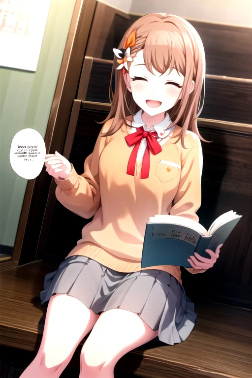 <lora:Minori3rd-05:0.9>, minori3rd, long hair, smile, open mouth, skirt, shirt, long sleeves, bow, ribbon, holding, sitting, closed eyes, white shirt, :d, hair bow, heart, frills, collared shirt, indoors, sweater, speech bubble, red ribbon, cup, book, eyelashes, sparkle, neck ribbon, feet out of frame, ^_^, leaf, stuffed toy, happy, stuffed animal, frilled skirt, polka dot, wing collar, facing viewer, holding book, teacup, light blush, stairs, open book, orange bow, dot nose, hair behind ear, teapot, tea, yellow skirt, pink sweater, orange ribbon, panda, seashell, orange sweater, two-tone bow