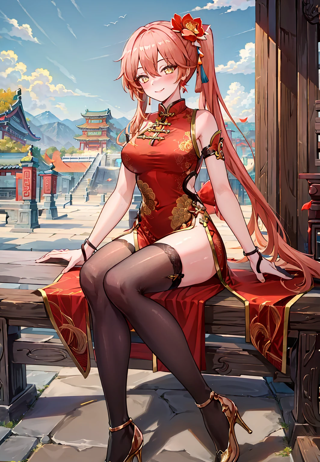 ((masterpiece,best quality)), highres, 1girl, solo, guinaifen, china dress, bare arms, black thighhighs, high heels, blush, smile, east asian architecture,