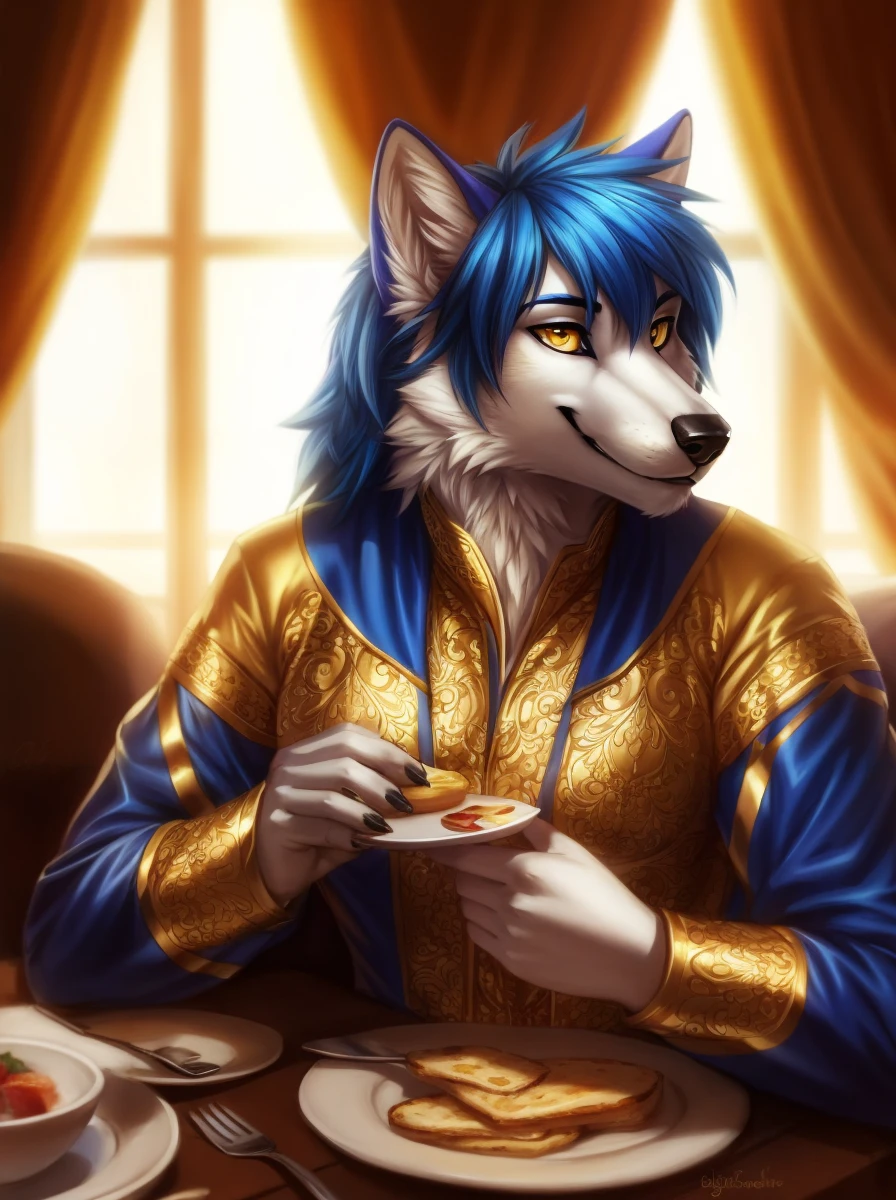 white male wolf, yellow eyes, friendly smile blue hair, finger black claws, elegant clothing, have a breakfast, golden filigree