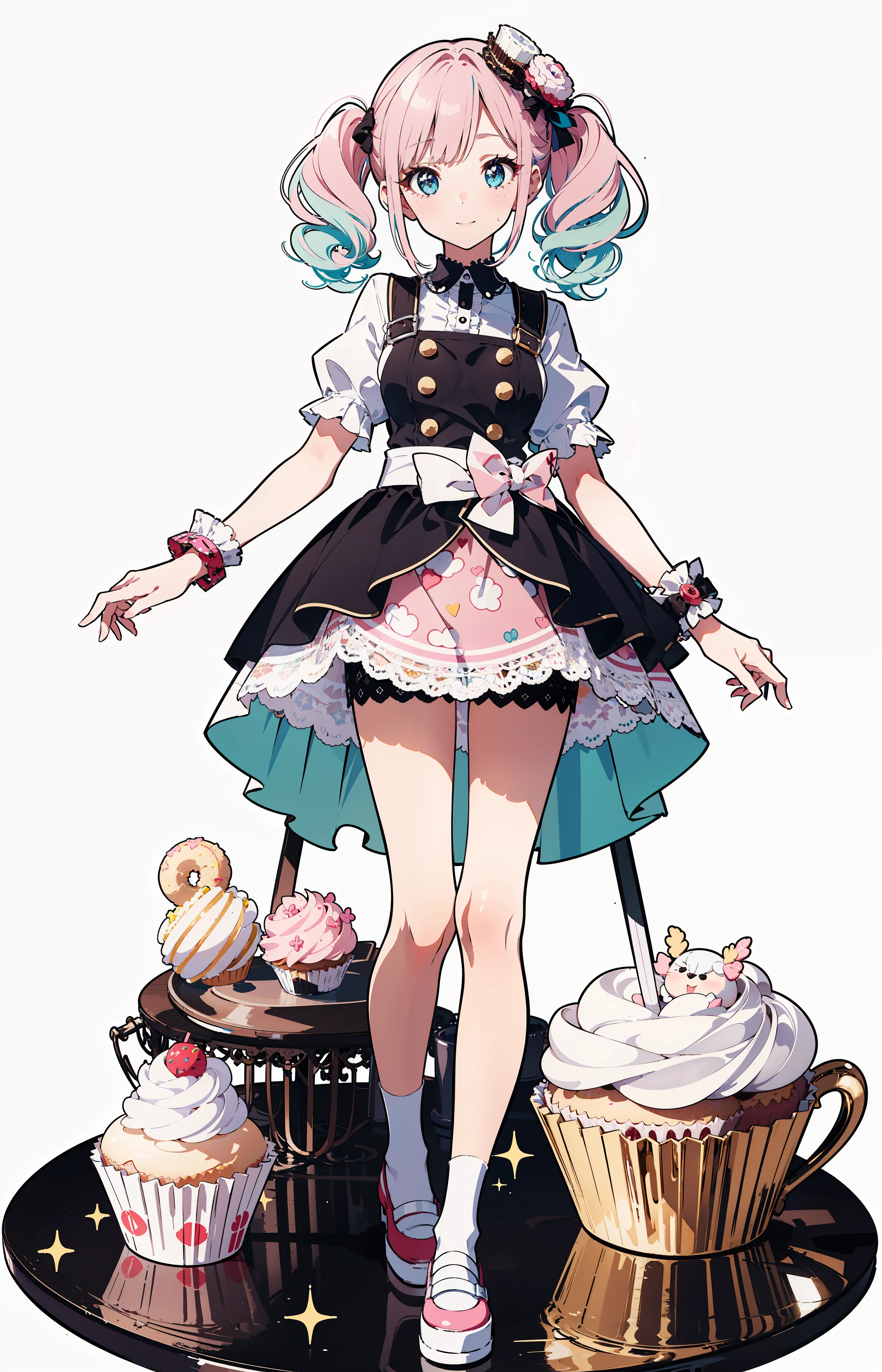 (masterpiece:1.2), (best quarity:1.2),
(ultra detailed:1.2), official art, illustration, 1girl,happy, solo, full body, (standing on mini base:1.1025), (white background, simple background:1.5), floating, surround of cakes and macaroon and doughnut and fluit and toys, teaset, (maximalism:0.9), pastel color, (sparkle:1.1), yumekawaii!!! , ((Pastel-colored clothing)), (Holding a lollipop), ((Cupcakes bigger than the character)), Girl on a plate ,eyelashes