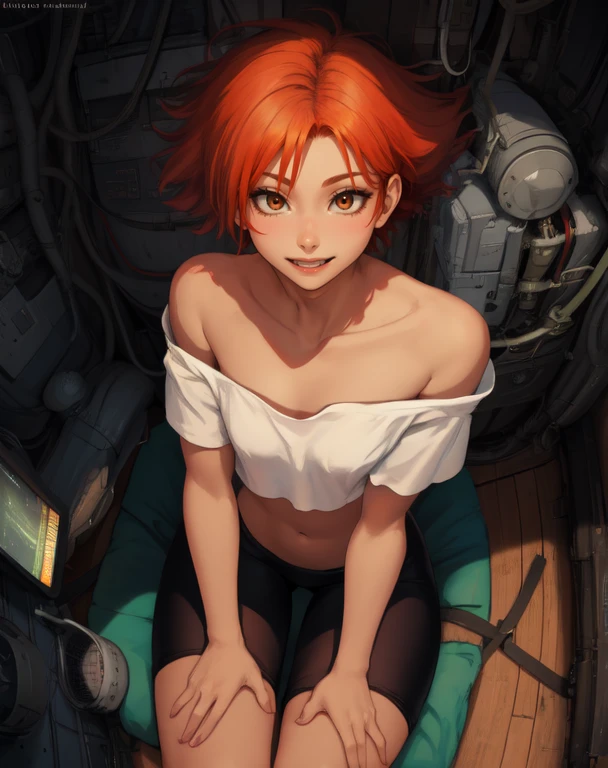Edward, midriff, orange hair, (white loose shirt), off shoulder,
bike shorts, brown eyes, toned, happy,
(insanely detailed, beautiful detailed face, masterpiece, best quality
<lora:EDWARD:0.7>