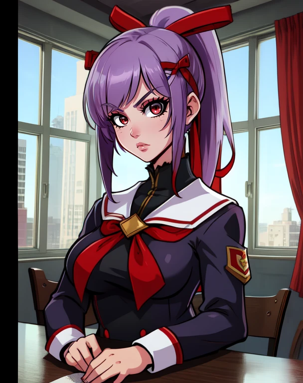 Senka, red eyes, ponytail, bangs, light purple hair,
school uniform, pantyhose, red hair ribbon, hair bands,
principle building, indoors, cold stare, looking at viewer,
standing,
toned,
(insanely detailed, beautiful detailed face, masterpiece, best quality), solo,
<lora:SenkaReishiki:0.7>
