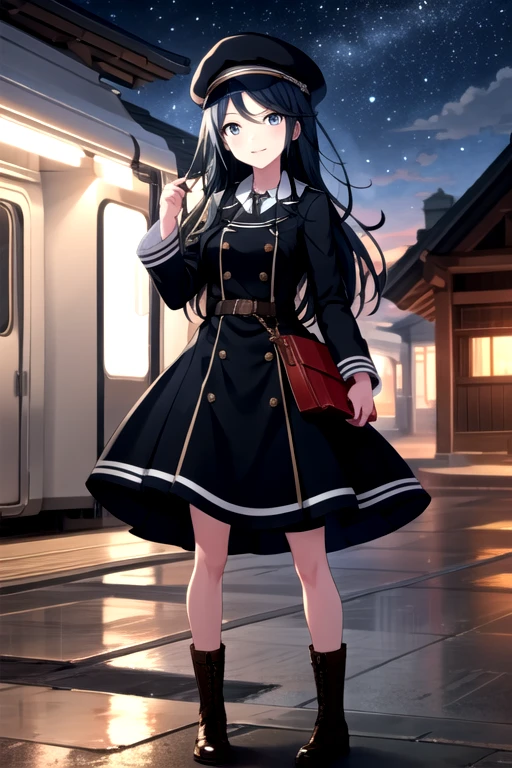 <lora:Ichika3rd-06:0.7>, ichika3rd, looking at viewer, skirt, long sleeves, hat, dress, holding, closed mouth, standing, full body, boots, sky, indoors, hand up, uniform, black headwear, night, brown footwear, ground vehicle, star (sky), steam, scenery, peaked cap, starry sky, double-breasted, lamppost, train, train station, railroad tracks