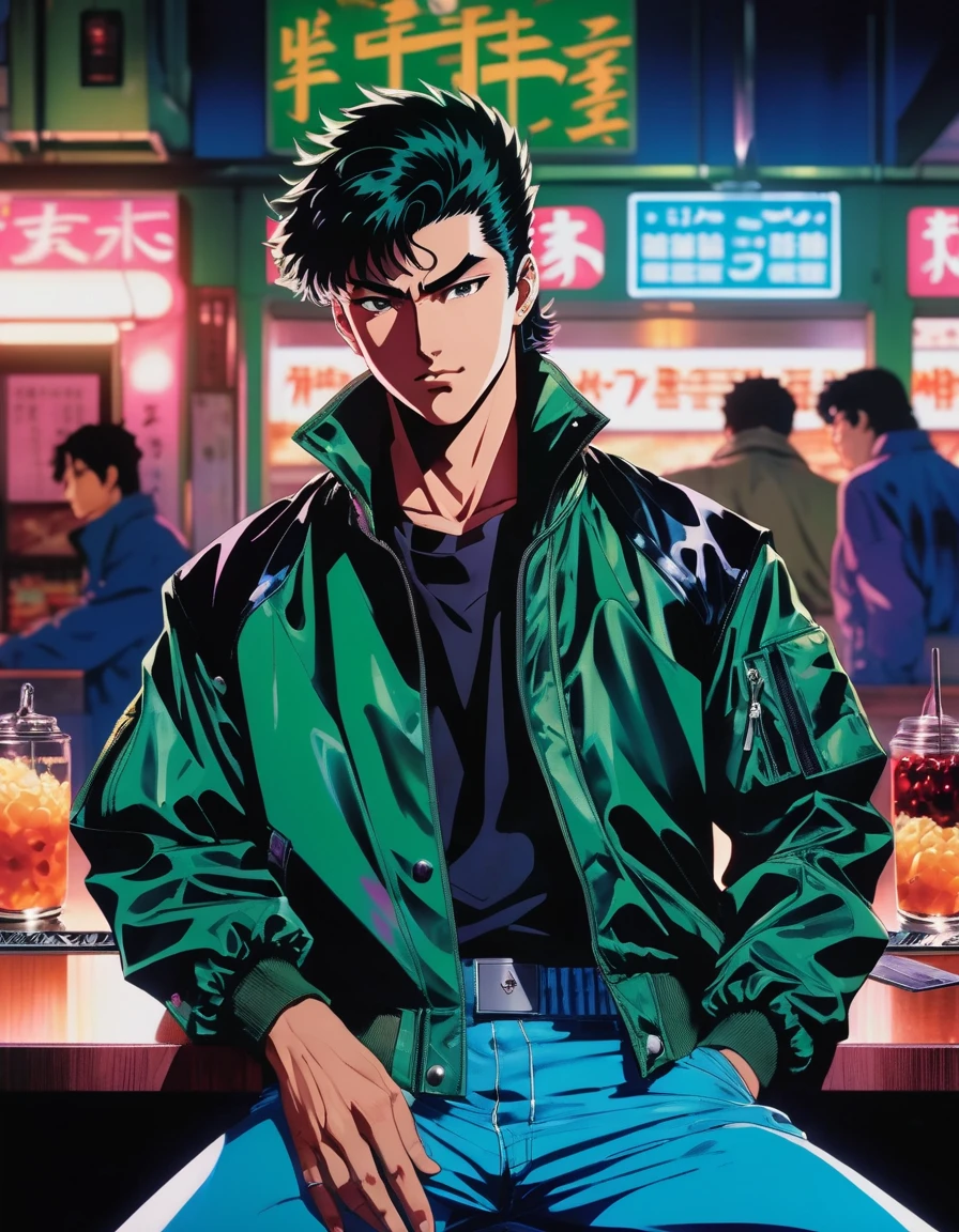 anime manga, berserk, Showcasing a modern, color-blocked bomber jacket with exaggerated sleeves and slim-fit joggers, beautiful anime portrait, Classic diner, retro atmosphere, neon signs, vintage style, nostalgic ambiance, junji ito style, kentaro miura manga art, a man in a green jacket, manga style of kentaro miura, in the art style of 8 0 s anime, handsome guy in demon slayer art, 1980's anime style, 8 0 s anime art style, digital cyberpunk anime art, cyberpunk anime art, digital cyberpunk - anime art, 9 0 s anime art style, 8 0 s anime style