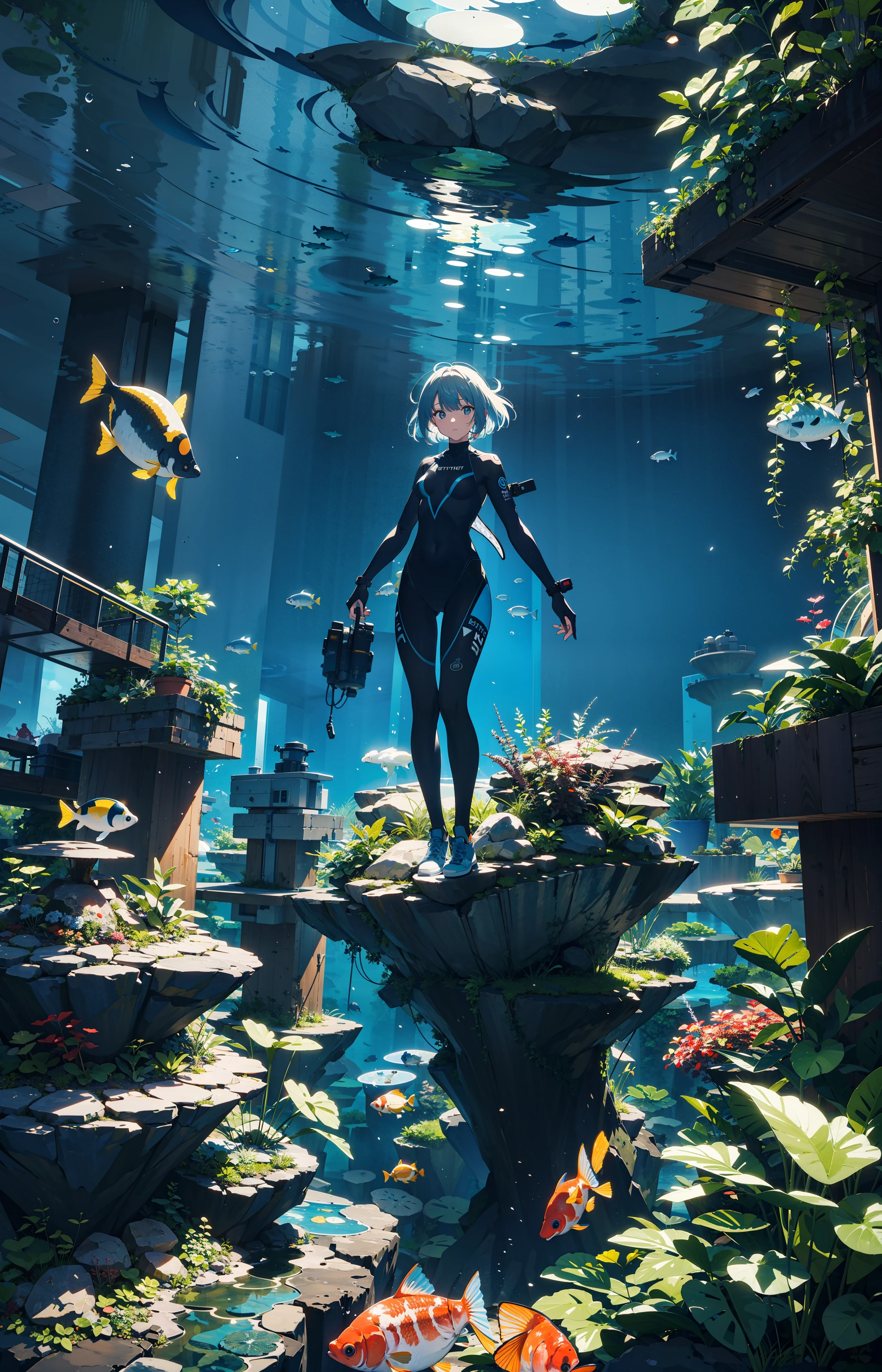 masterpiece, best quality,
hydrotech,BiophyllTech, beautiful (woman:1.2) diver wearing colorful dive suit, exploring utopian under water organic garden, bioluminescent, tropical fish, sea plants, vibrant colors, neon lighting, scifi utopia enviroment,