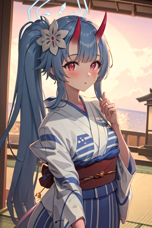 best quality, masterpiece, highres, solo, {yukata:1.40}, {kimono:1.20}, {chise_bluearchive:1.15}, horns, oni_horns, long_hair, blue_hair, red_eyes, hair_ornament, halo, hair_flower, flower, blush, swimsuit, bangs, bikini, side_ponytail, striped, striped_bikini, breasts, small_breasts