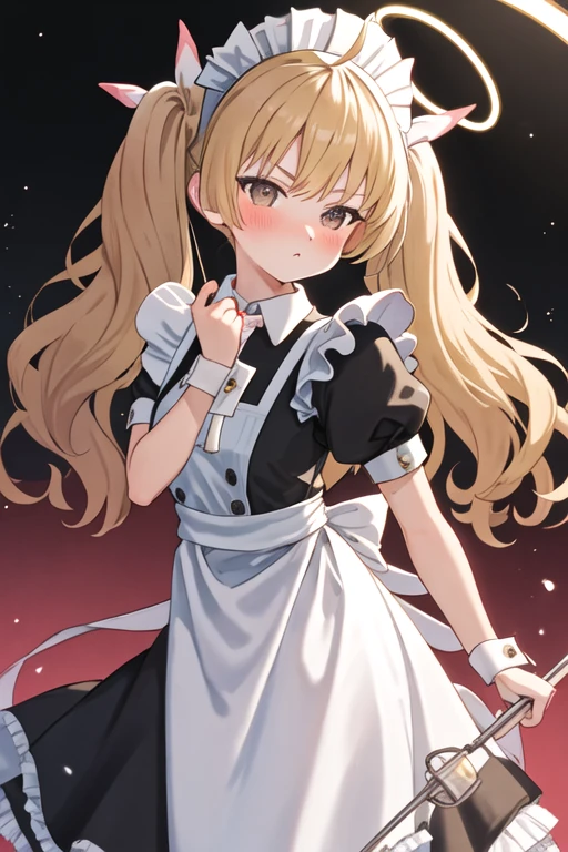 best quality, masterpiece, highres, solo, {maid:1.40}, {long maid dress:1.15}, {yoshimi_bluearchive:1.15}, blonde_hair, twintails, hair_ribbon, ribbon, blush, ahoge, bangs, halo, brown_eyes, long_hair, white_ribbon, hair_between_eyes, upper_body