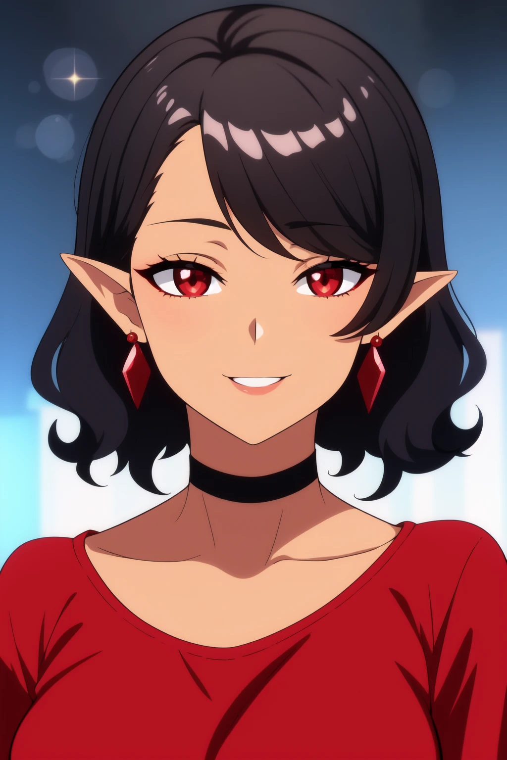 masterpiece, best quality, 1girl, mature female, anime screencap,
short hair, wavy hair, black hair, red eyes, dress, swept bangs, medium breasts, choker, dark skin, earrings, pointy ears, makeup, smile,
depth of field, portrait, night, bokeh,