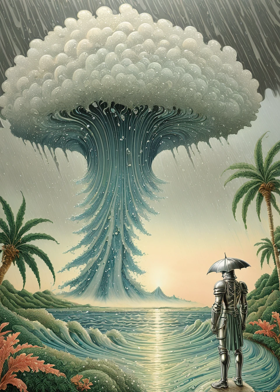 Surrealism, xlmrblng15-1300 magnificent male knight staring at a waterspout in a tropical landscape, (silver-tinted:0.5), very detailed, intricate, (raining:1.21)