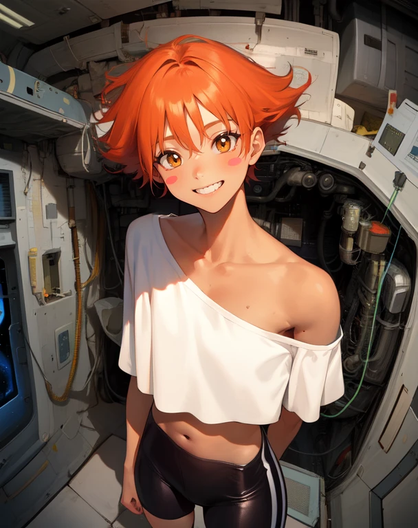Edward, midriff, orange hair, (white loose shirt), off shoulder, blush stickers,
bike shorts, brown eyes, toned,
smile, space station, engine room,
standing, upper body,
(insanely detailed, beautiful detailed face, masterpiece, best quality
<lora:EDWARD:0.7>