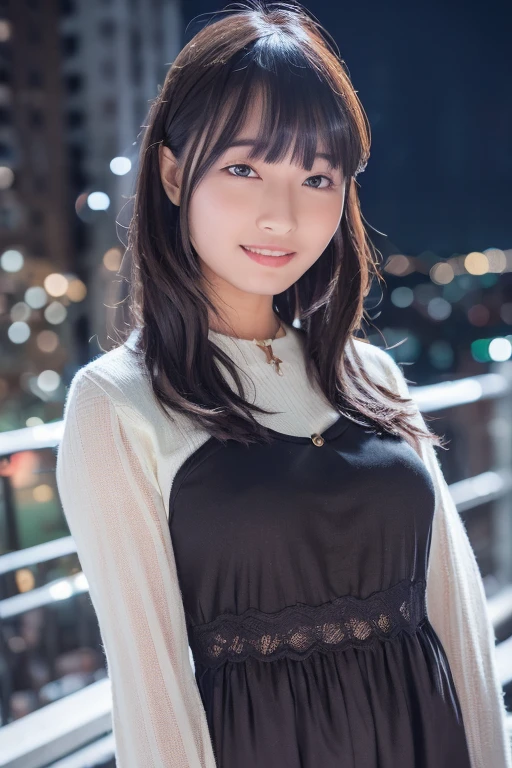 1girl, (wearing a casual dress:1.4),(RAW photo, best quality), (realistic, photo-realistic:1.4), masterpiece, an extremely delicate and beautiful, extremely detailed, 2k wallpaper, Amazing, finely detail, extremely detailed CG unity 8k wallpaper, ultra-detailed, highres, soft light, beautiful detailed girl, extremely detailed eyes and face, beautiful detailed nose, beautiful detailed eyes,cinematic lighting,(in the city at night:1.8),perfect anatomy,slender body,smiling,(close up:1.8),(look at viewer),(front view:2.0),cinematic angle,(cleavage:0.6),(wavy long hair),(brown eyes:1.4), <lora:shirakawamizuna_lora-01:0.8>