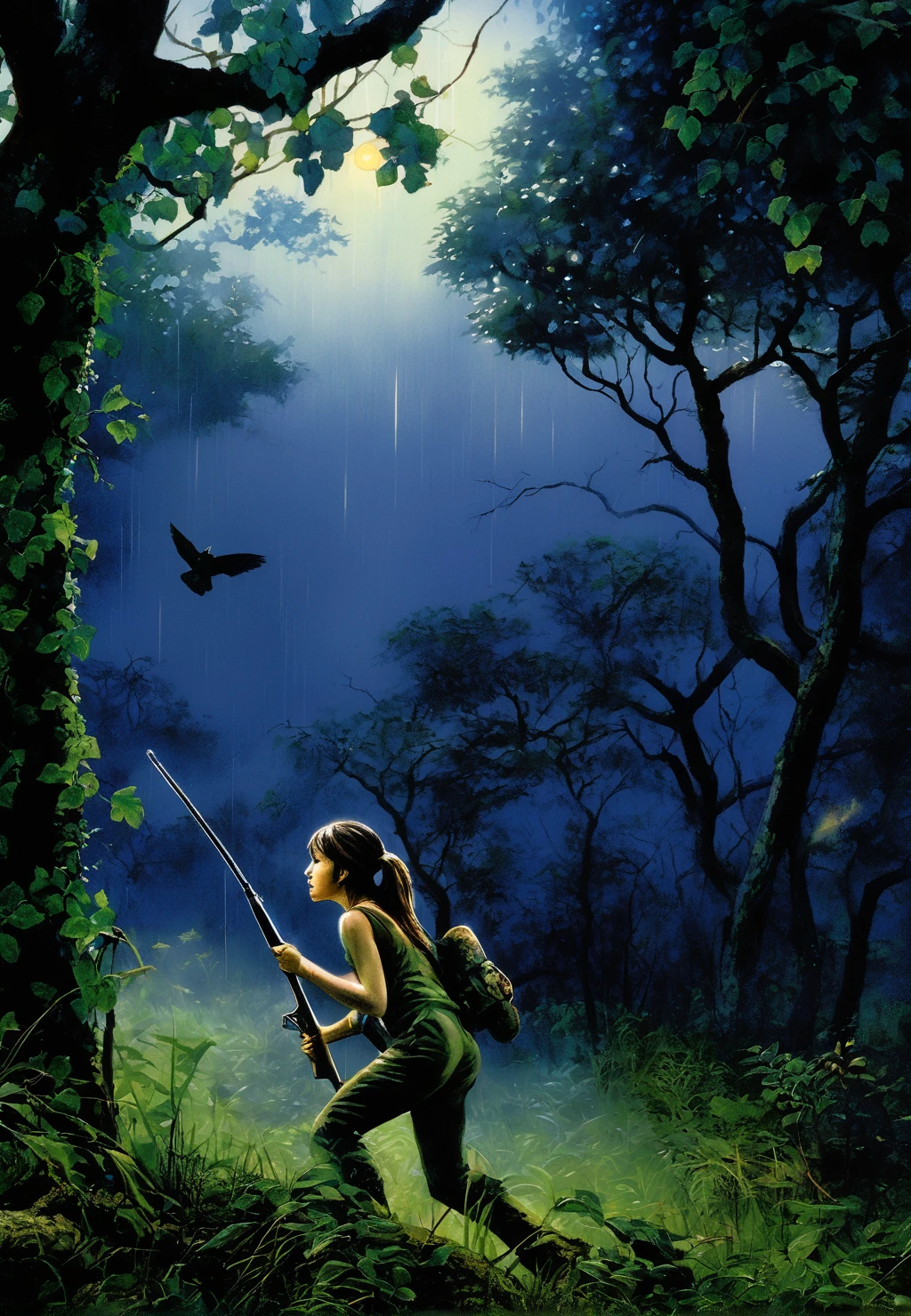 1girl, (night), cloudy, ((detailed gradient eyes)), (detailed huntress), ((masterpiece)), (best quality), 8k wallpaper, detailed background, hunting, dense forest, vine, fig tree, (overgrown plant), focusing, dark, (swamp), (look at viewer), moonshine, fog, volumetric light, raytracing, wildlife, (wet environment:0.9), sweat, (wet body:0.8), glare, leg submerged, shiny dust around, depth of field, dust, messy clothes, high contrast, raining,  <lora:Old_Illustration_v1:1>