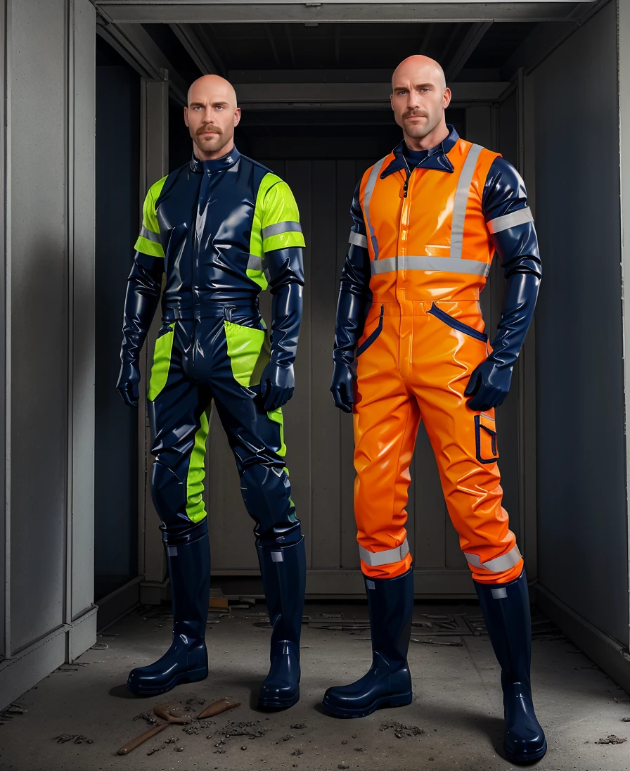 a one bald man in an orange workgear safety jacket and hi-vis pants and dark blue rubber boots standing in a construction site, hi-vis stripes, tom of finland, a picture, private press <lora:100_Workgear_Lora_v1.2:0.6>, rubber gloves, raingear, working boots