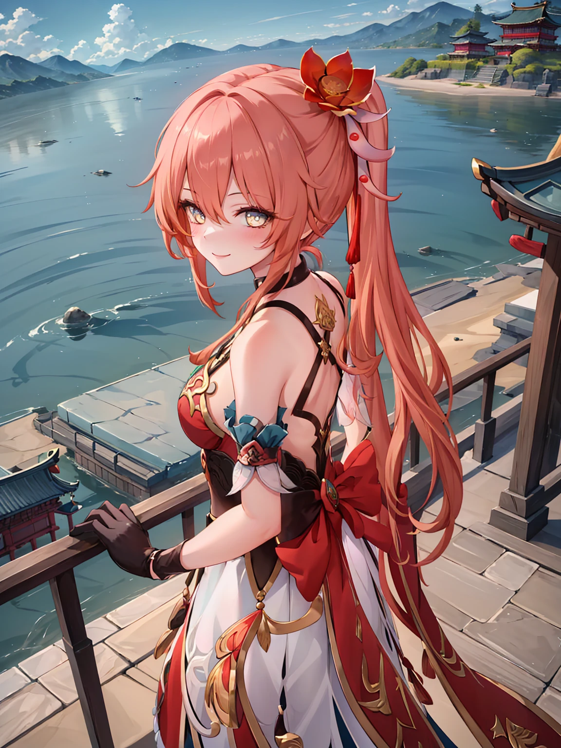 ((masterpiece,best quality)), highres, 1girl, guinaifen, bare shoulders, black gloves, looking back, from above, smile, east asian architecture,