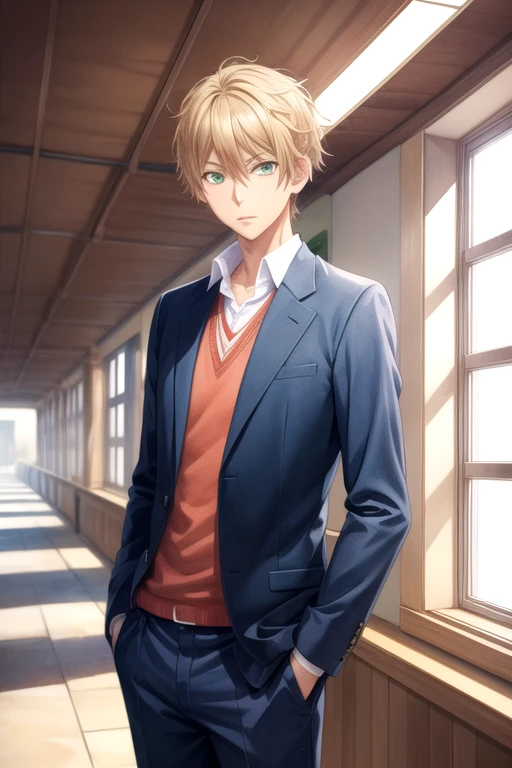 masterpiece, best quality, movie still, 1boy, solo, male focus, looking at viewer, , , (watercolor illustration, soft pastel colors:1.1), , <lora:nozomu_nanashima:0.70>, nozomu_nanashima, blonde hair, green eyes, suit trousers, , , HD-DVD