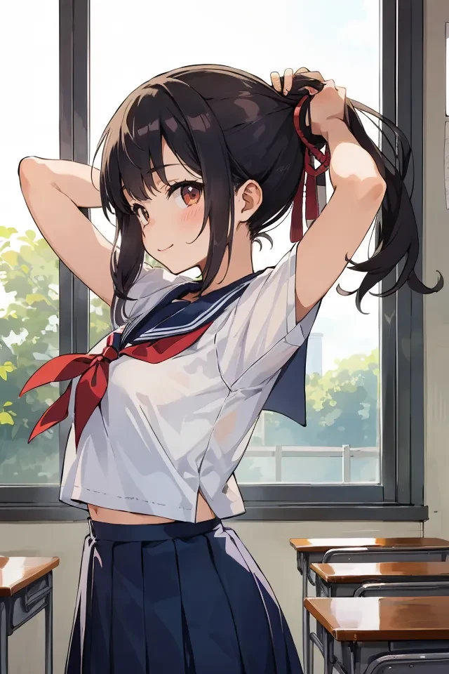 summer, 1girl in classroom, kawaii girl, O Japanese, hair pulled back, school uniform, arms up behind head, hair being styled or gathered up, looking at viewer, from side, light smile,