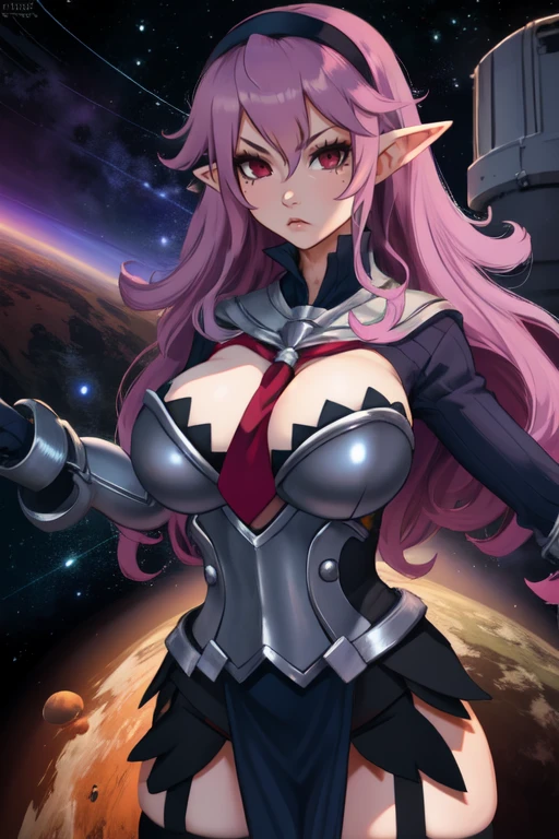 akniht,long purple hair, pointy ears red eyes,
hairband, armor, gauntlets,black thighhighs,black panties, garter straps,
pelvic curtain, tie between cleavage,
outer space, stars, hotel, looking at viewer,
(insanely detailed, beautiful detailed face, masterpiece, best quality),
<lora:ArmorKnight-10v5:0.7>,
