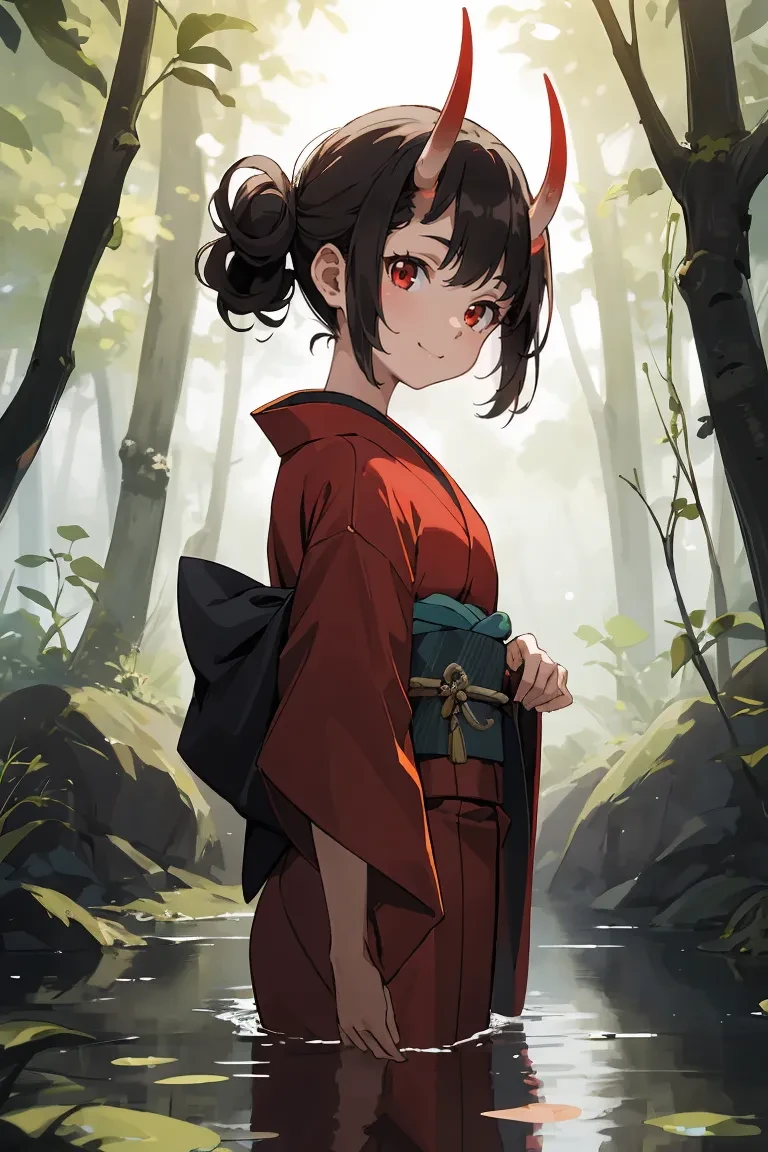 (masterpiece, best quality), solo, oni 2horns, 1girl lift up clothes and standing by edge of a shallow stream in the forest, YO, mesugaki, partially underwater shot, detailed 4fingers and 1thumb, light smile, half-closed mouth, head tilt, black hair, Chignon, (wavy hair end:0.3), half-closed dark red eyes, red kimono, small breasts, (upper body:1.1), light particles, light leaks, 8k, high-resolution, (depth of field:0.7), from side,