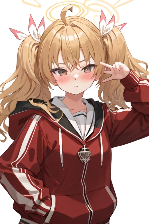 best quality, masterpiece, highres, solo, {yoshimi_bluearchive:1.15}, blonde_hair, twintails, hair_ribbon, ribbon, blush, ahoge, bangs, halo, brown_eyes, long_hair, white_ribbon, hair_between_eyes, upper_body, 1girl, closed_mouth, jacket, long_sleeves, looking_at_viewer, red_jacket, simple_background, track_jacket, white_background, hood, sailor_collar, medium_hair, hand_in_pocket, hooded_jacket, school_uniform