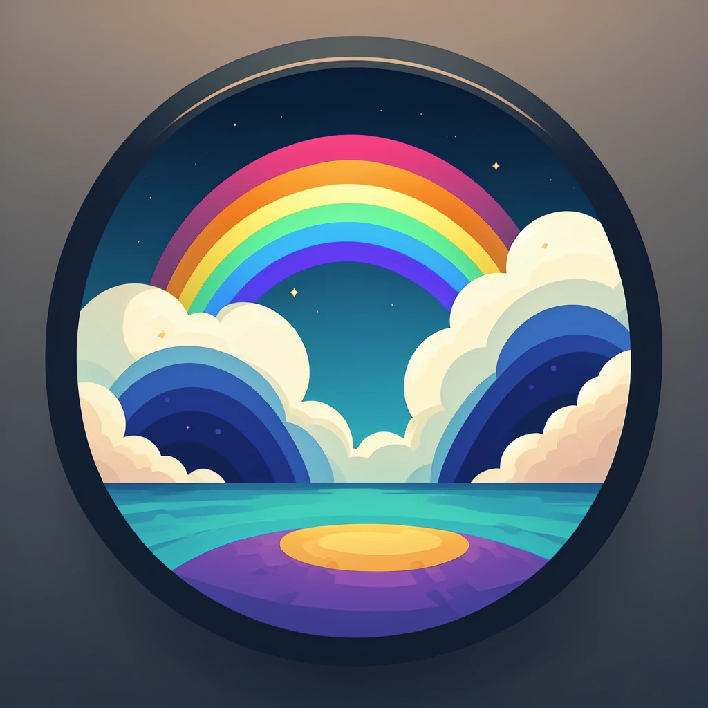 (masterpiece, best quality:1.1), (round logo:1.05), no humans, a rainbow with bright colors, curved arch, blue sky, meteorology, beauty, light, hope, spectrum, reflection, gradient background, simple background