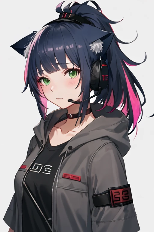 best quality, masterpiece, highres, solo, {jessica_arknights:1.15}, cat_ears, animal_ears, green_eyes, ponytail, bangs, blue_hair, blush, multicolored_hair, upper_body, black_hair, breasts, 1girl, black_shirt, jacket, shirt, looking_at_viewer, open_clothes, headset, open_jacket, simple_background, grey_jacket, choker, headphones, black_choker, streaked_hair, closed_mouth, grey_background, pink_hair, white_background