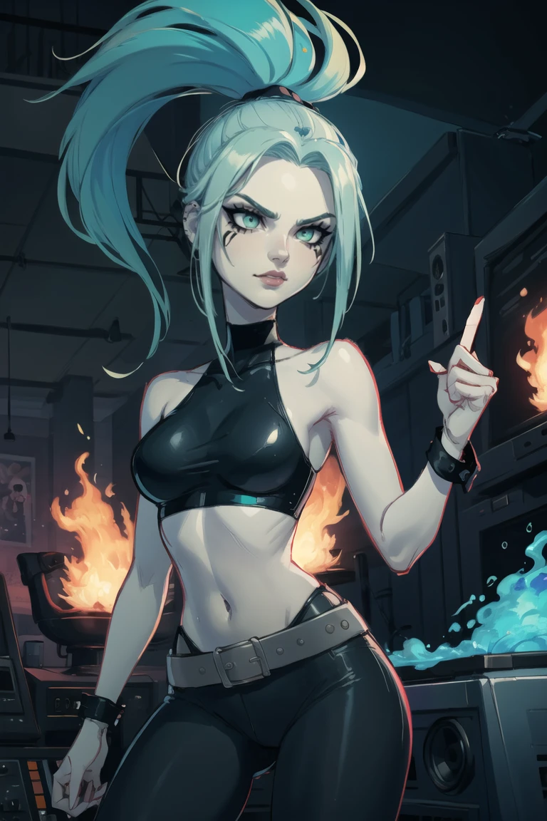 ((masterpiece,best quality)), absurdres,
<lora:Ember_McLain_Danny_Phantom_Anime:0.8>, Ember_McLain_Danny_Phantom, pony tail, aqua hair,
smug, goth, big belt,
blue fire and music notes in background, cinematic composition, contrapposto
