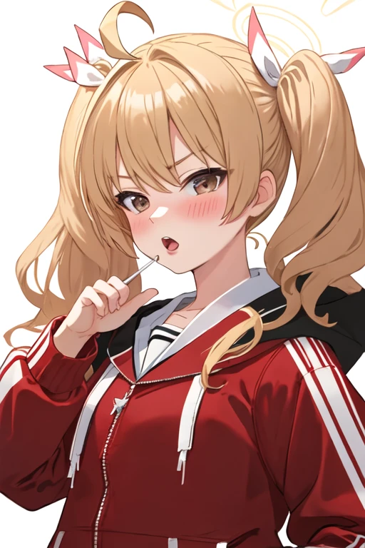 best quality, masterpiece, highres, solo, {yoshimi_bluearchive:1.15}, blonde_hair, twintails, hair_ribbon, ribbon, blush, ahoge, bangs, halo, brown_eyes, long_hair, white_ribbon, hair_between_eyes, upper_body, 1girl, jacket, looking_at_viewer, red_jacket, track_jacket, open_mouth, simple_background, white_background