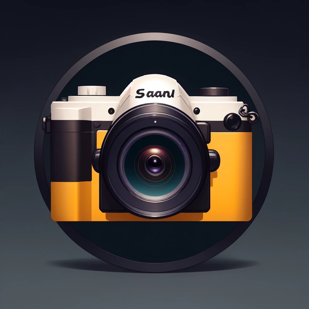 (masterpiece, best quality:1.1), (round logo:1.05), a camera with lens, viewfinder, flash, black, digital, portable, adjustable, gradient background, simple background