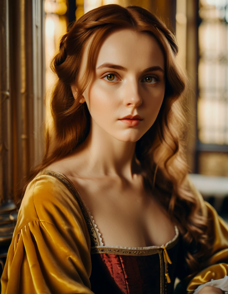 photo of medieval maid, thin young woman, 20 years old, cute, auburn hair, large eyes, plush lips, weak chin, yellow dress, palace interior background, warm light, cinematic