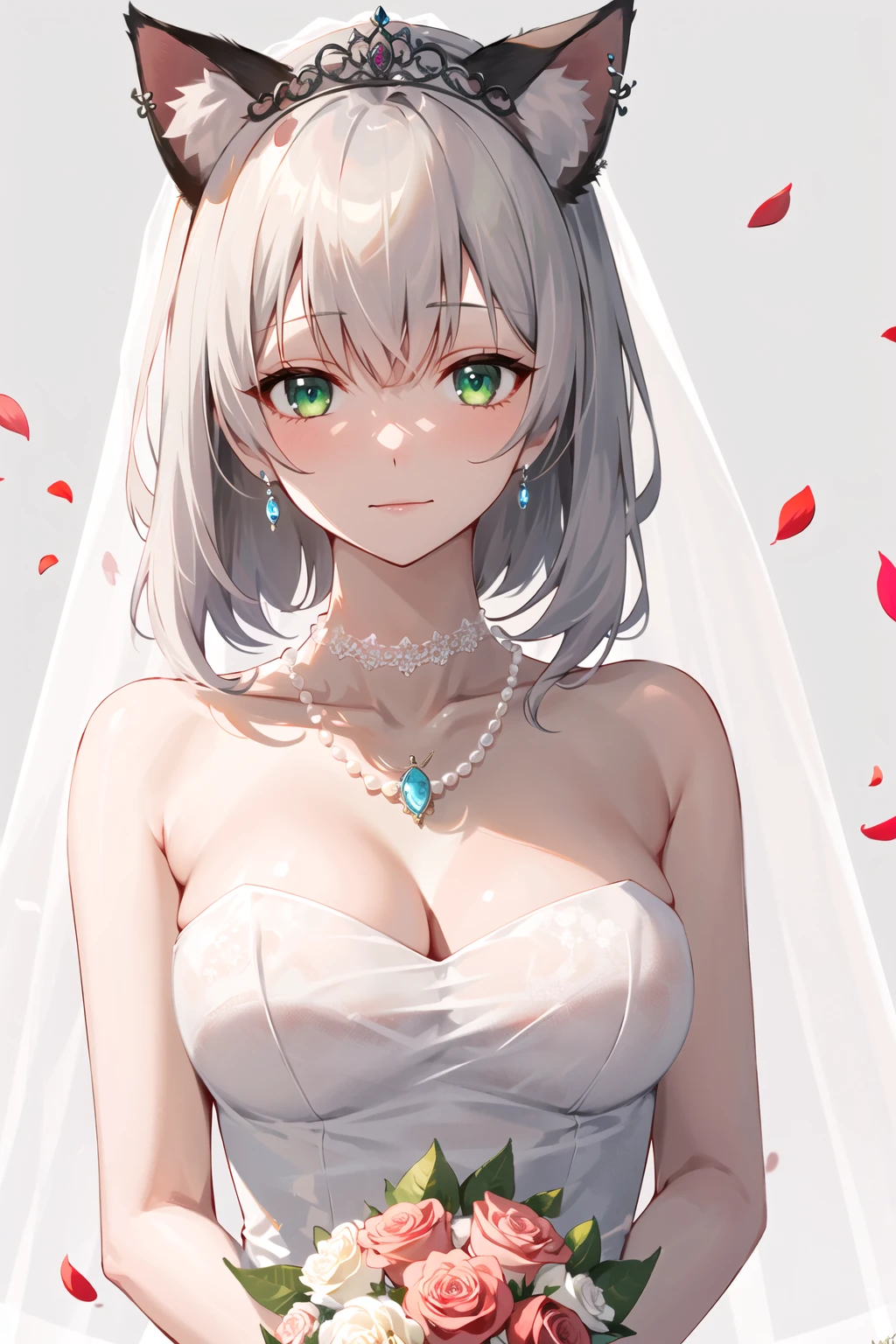 1girl, white_hair, green_eyes, animal_ear_fluff, animal_ears, bangs, bare_shoulders, bouquet, breasts, bridal_veil, cat_ears, cleavage, closed_mouth, collarbone, dress, earrings, falling_petals, flower, grey_background, jewelry, long_hair, medium_breasts, necklace, pearl_necklace, pendant, petals, rose, rose_petals, short_hair, sleeveless, sleeveless_dress, solo, strapless, strapless_dress, tiara, upper_body, veil, wedding_dress, white_dress <lora:style_GIn00-32T31:1>