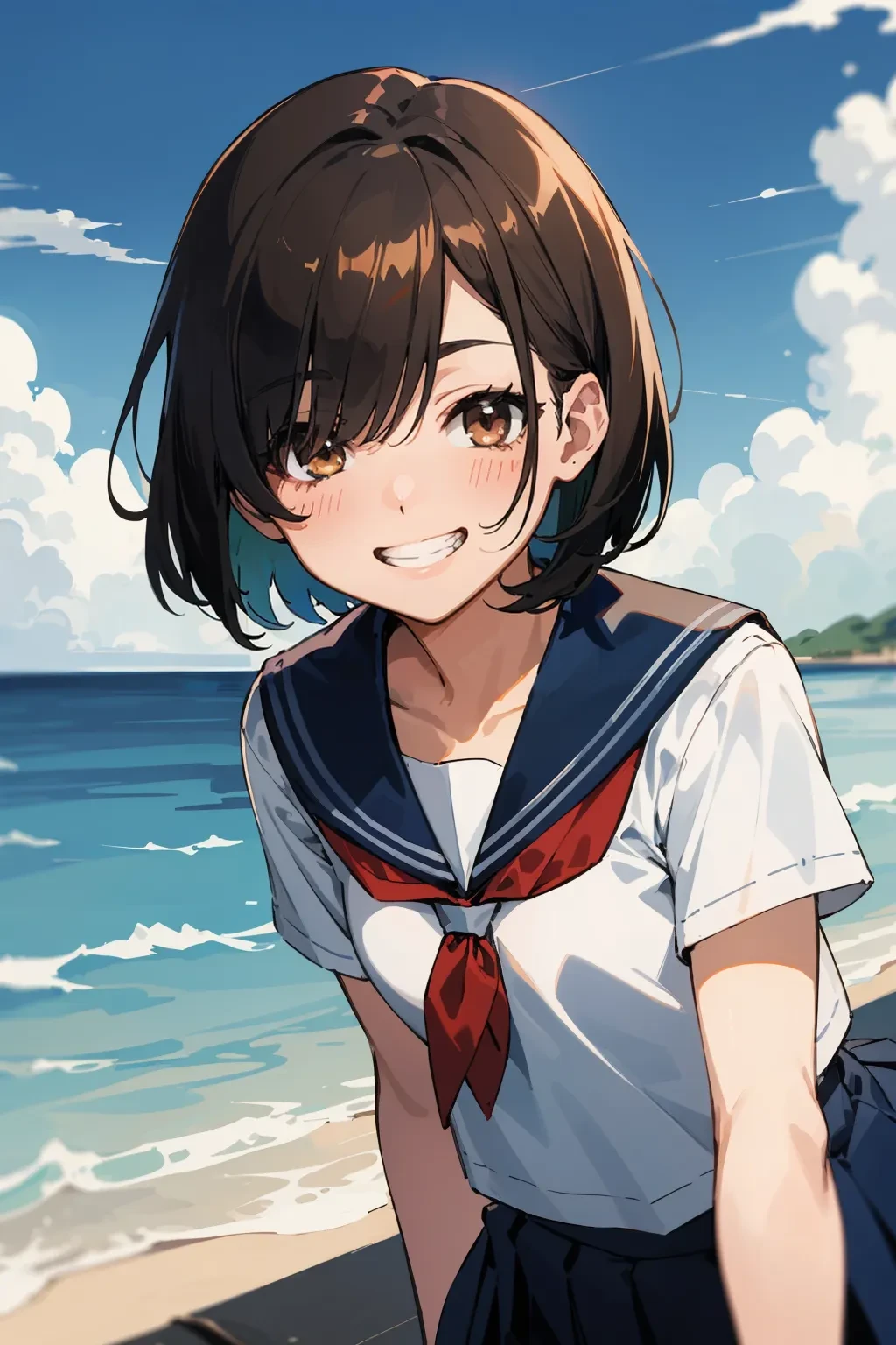 (finely best quality illustration:1.1), photorealistic background, 8K, outdoors, summer, beach, bloom, flowing clouds and blue sky, hulf-underwater, textless version, BREAK solo, 1girl standing on beach, kawaii, perfect anatomy, portrait, upper body, brown hair, inverted bob, hair over one eye, half-closed brown eyes, looking at viewer, leaning_forward, giggling, grin, small breasts, serafuku, school uniform, blue pleated skirt,
