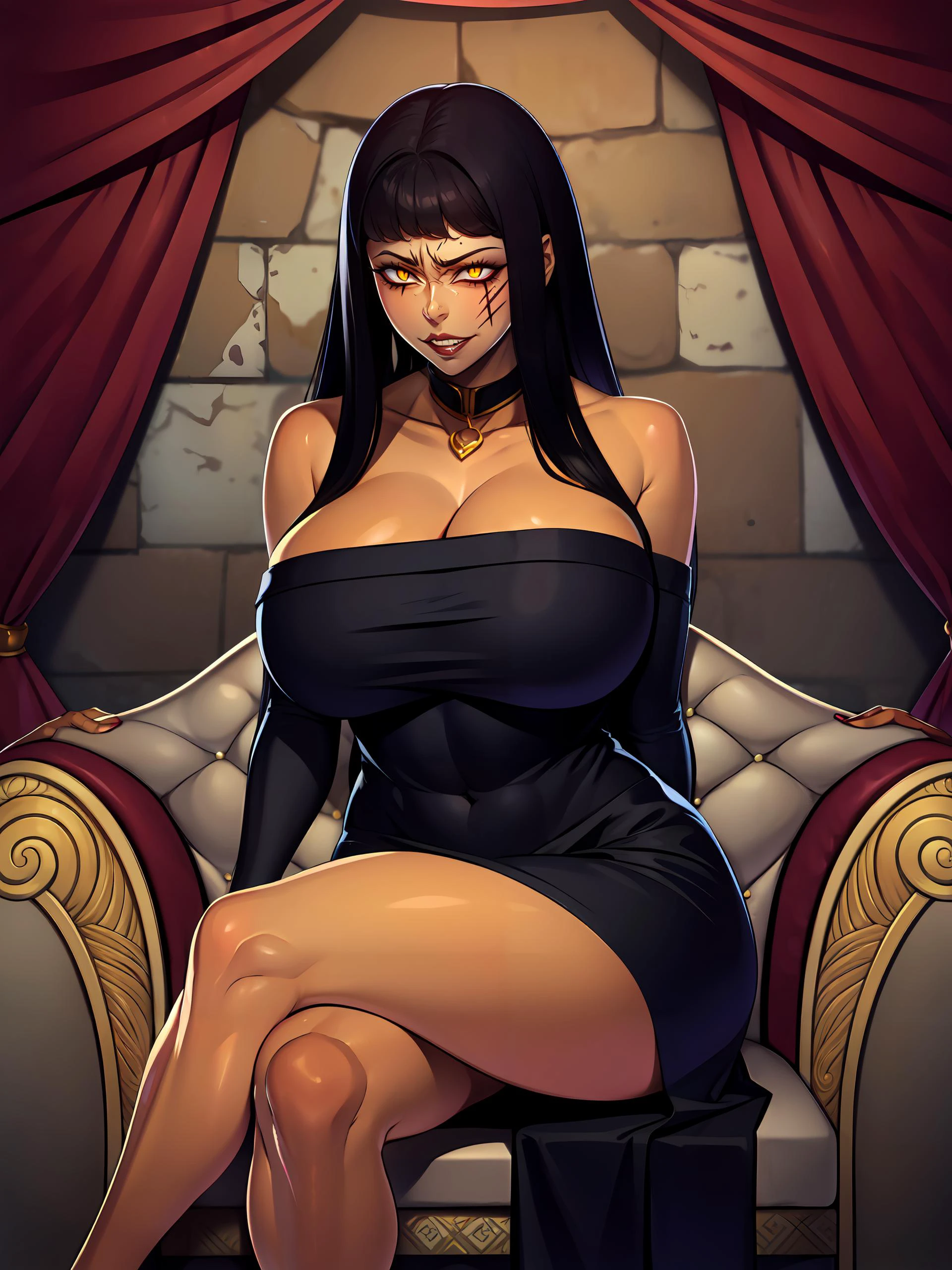 <lora:osira-10:0.7>,<lora:xev_SethxZoe:0.8>,portrait of osira, eyeshadow, scar face, elegant, dark skin, hime cut , hime bangs,((black dress)), pelvic curtain,
pronounced feminine features, (yellow eyes:0.6), (red lips:0.8), busty, large breasts, off shoulder black dress:1.1,cleavage, elbow gloves, scowl, detailed background, ancient stone room,
centered, best quality, masterpiece, sitting on throne:1.4,crossed legs,
large breasts, thick thighs, thick hips, thin waist,<lora:Constricted Pupils5:1> <lora:slit-pupils:1> <lora:GesuGao:1>
