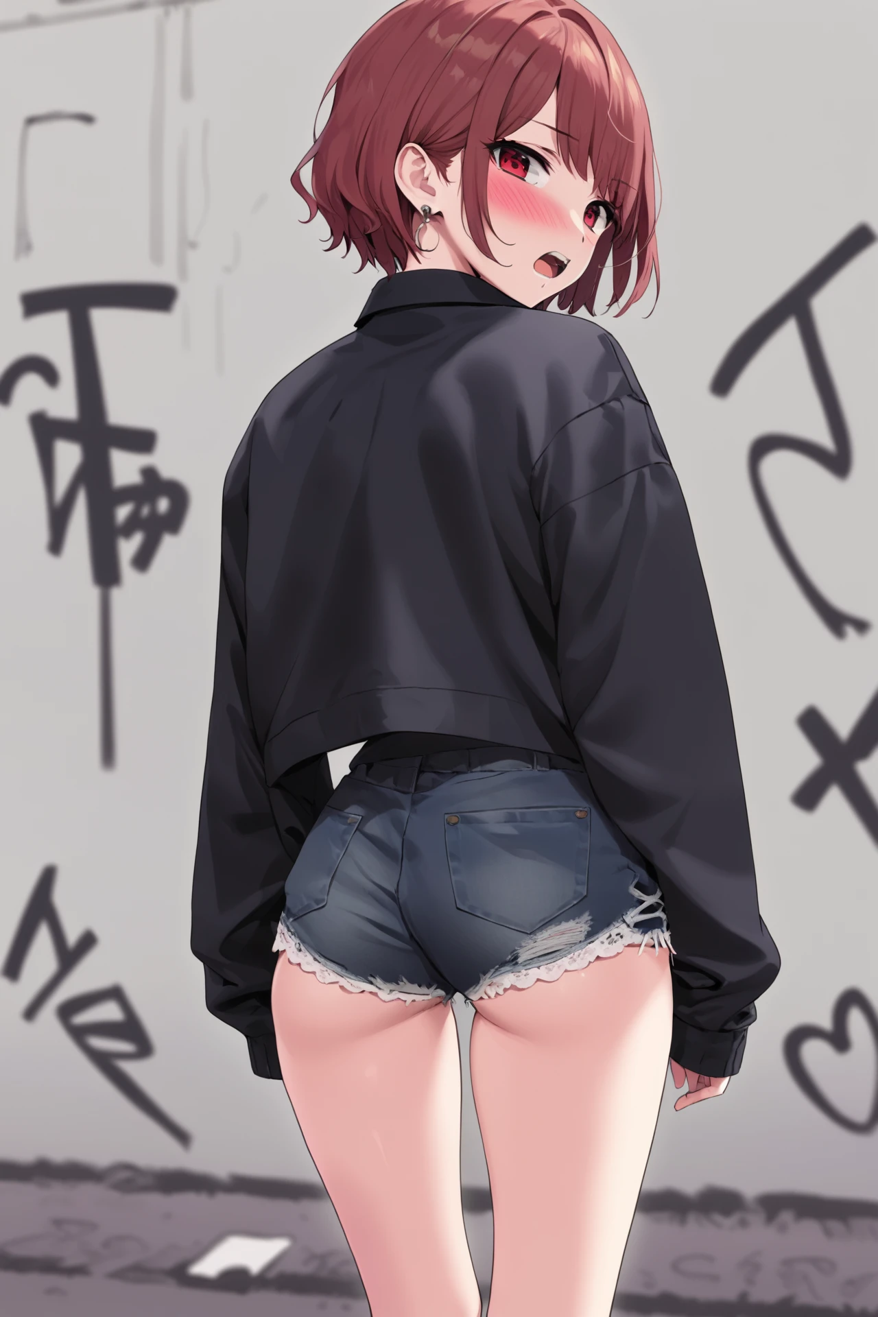 <lora:orange_xl:0.6>
1girl, solo, looking_at_viewer, blush, short_hair, bangs, red_eyes, long_sleeves, jewelry, underwear, panties, jacket, ass, cowboy_shot, earrings, shorts, teeth, looking_back, from_behind, blurry, black_jacket, black_panties, short_shorts, blurry_background, clothes_pull, black_shorts, denim, clenched_teeth, angry, denim_shorts, lace-trimmed_panties, shorts_pull, graffiti