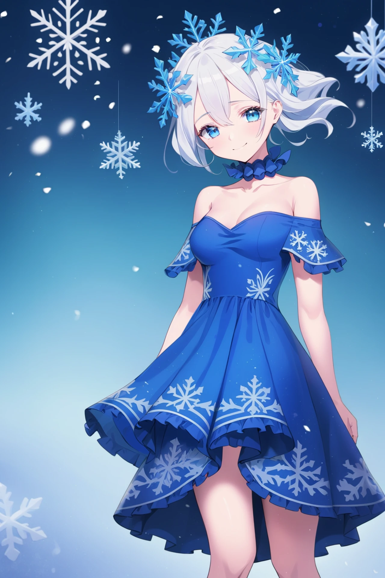 <lora:orange_xl:0.5>,voicevox,1girl,blue background,flower,blue dress,fog,akasha (v0id saga),whitecul,snowflakes,solo,highres,winter,clothing cutout,looking at viewer,off-shoulder dress,hair ornament,white hair,looking back,dress,blue eyes,hair flower,off shoulder,smile